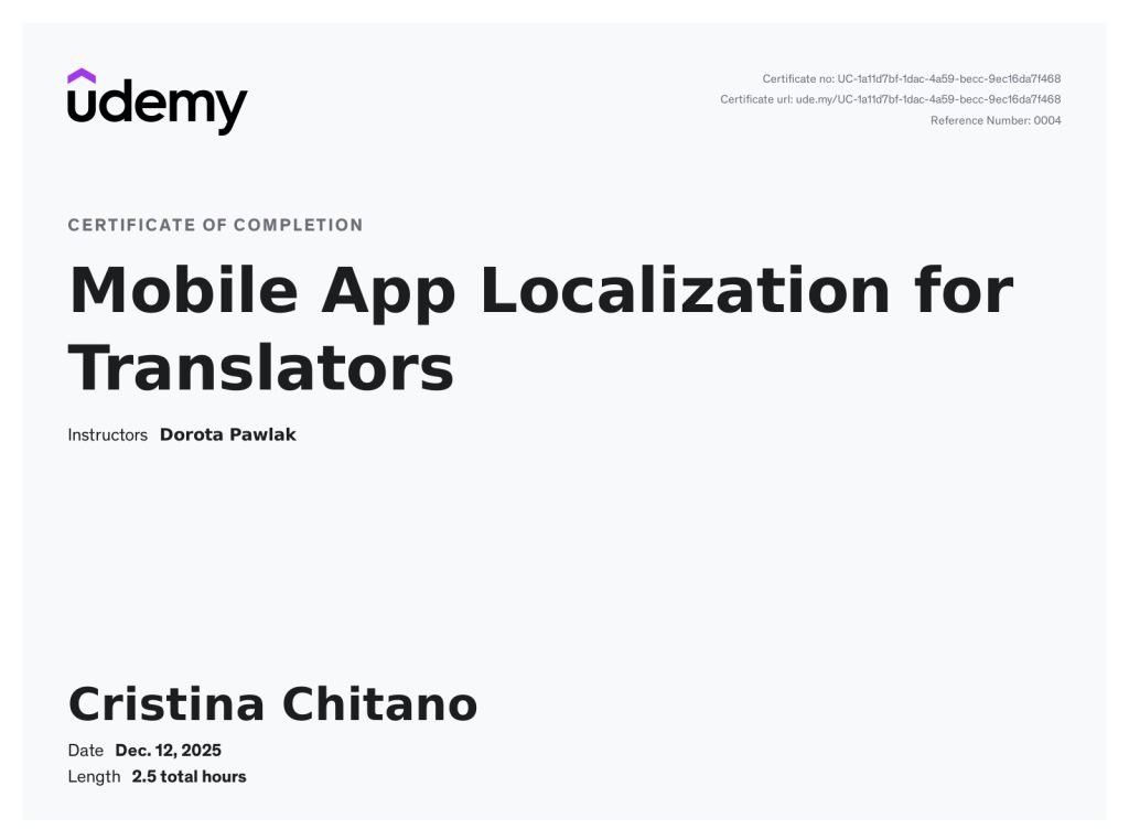 alt="Certificate-Udemy-Mobile-App-Localization-Cristina-Chitano"